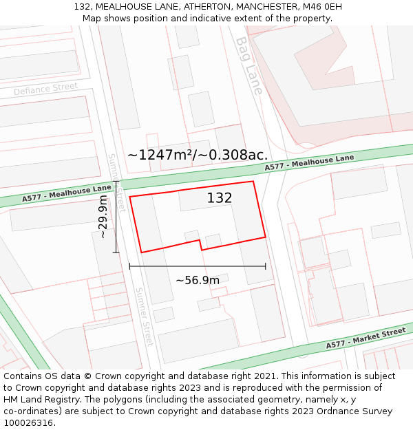 132, MEALHOUSE LANE, ATHERTON, MANCHESTER, M46 0EH: Plot and title map