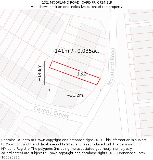 132, MOORLAND ROAD, CARDIFF, CF24 2LP: Plot and title map