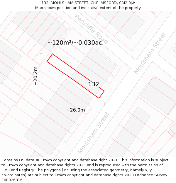 132, MOULSHAM STREET, CHELMSFORD, CM2 0JW: Plot and title map
