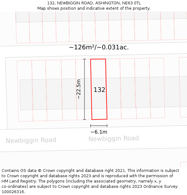 132, NEWBIGGIN ROAD, ASHINGTON, NE63 0TL: Plot and title map