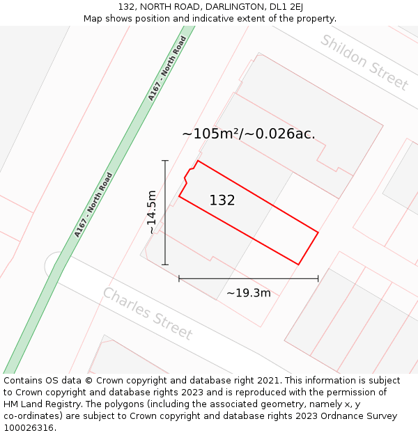 132, NORTH ROAD, DARLINGTON, DL1 2EJ: Plot and title map