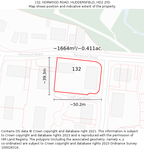 132, NORWOOD ROAD, HUDDERSFIELD, HD2 2YD: Plot and title map