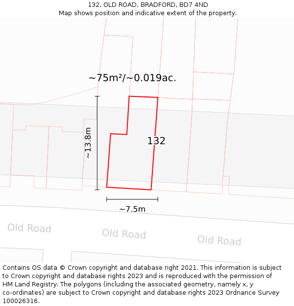 132, OLD ROAD, BRADFORD, BD7 4ND: Plot and title map