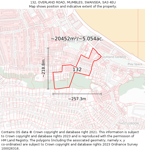 132, OVERLAND ROAD, MUMBLES, SWANSEA, SA3 4EU: Plot and title map