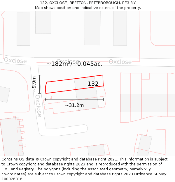 132, OXCLOSE, BRETTON, PETERBOROUGH, PE3 8JY: Plot and title map