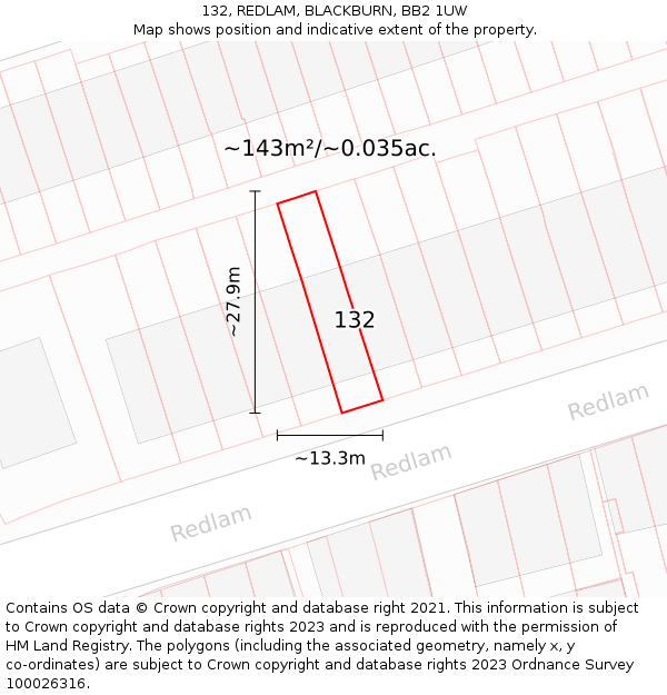 132, REDLAM, BLACKBURN, BB2 1UW: Plot and title map
