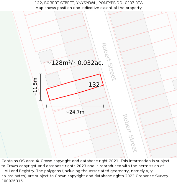 132, ROBERT STREET, YNYSYBWL, PONTYPRIDD, CF37 3EA: Plot and title map