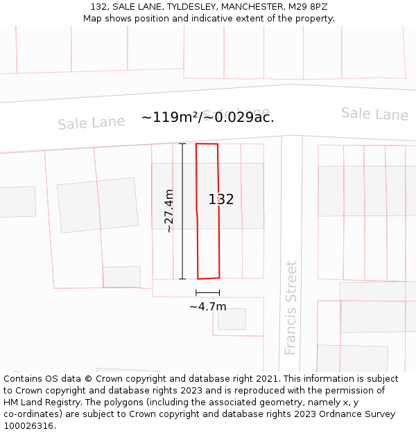 132, SALE LANE, TYLDESLEY, MANCHESTER, M29 8PZ: Plot and title map