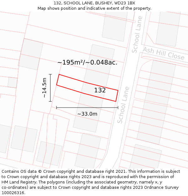 132, SCHOOL LANE, BUSHEY, WD23 1BX: Plot and title map