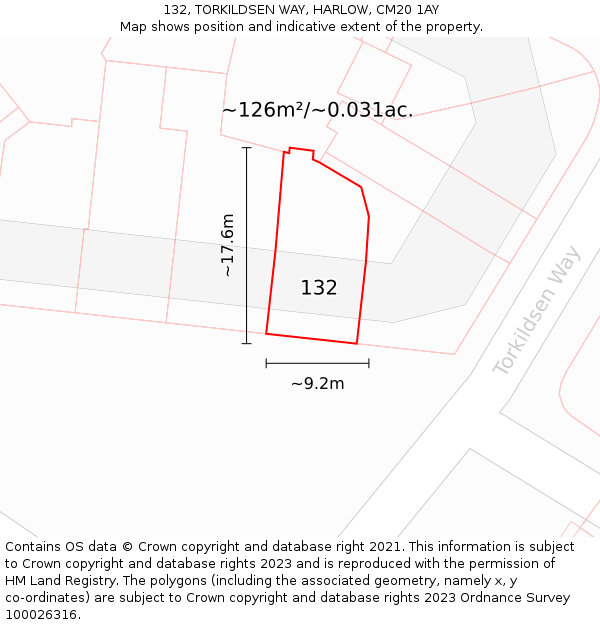 132, TORKILDSEN WAY, HARLOW, CM20 1AY: Plot and title map