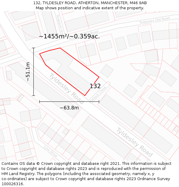 132, TYLDESLEY ROAD, ATHERTON, MANCHESTER, M46 9AB: Plot and title map