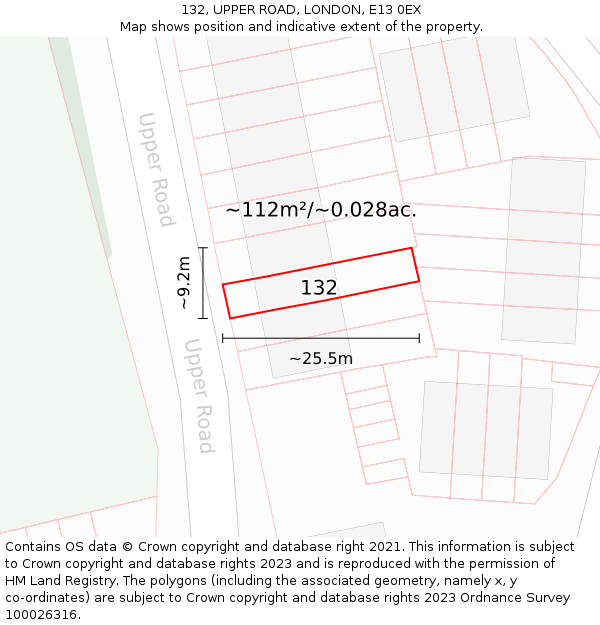 132, UPPER ROAD, LONDON, E13 0EX: Plot and title map