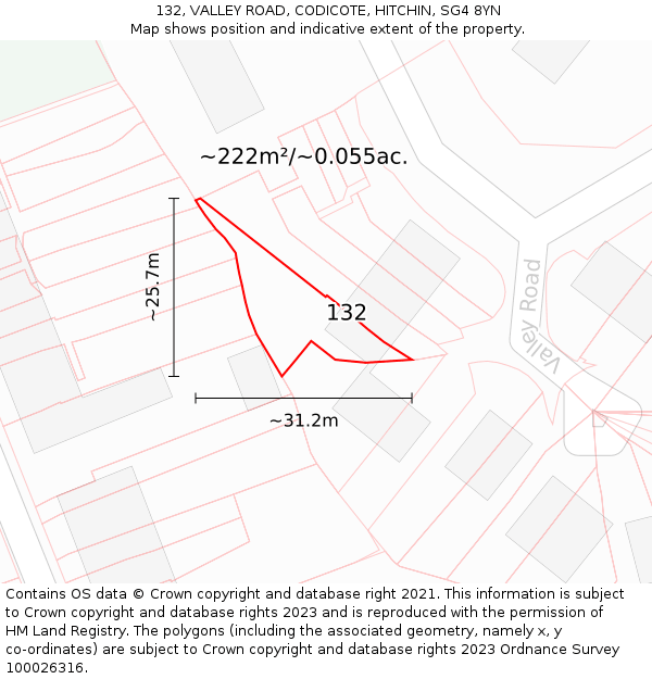 132, VALLEY ROAD, CODICOTE, HITCHIN, SG4 8YN: Plot and title map