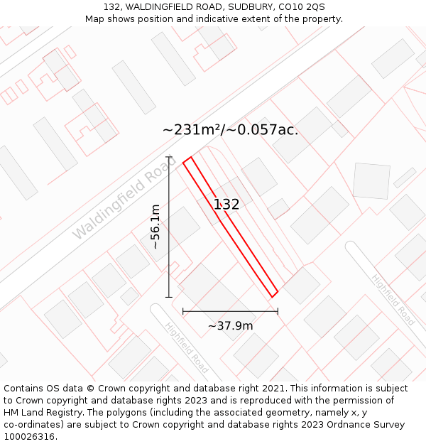 132, WALDINGFIELD ROAD, SUDBURY, CO10 2QS: Plot and title map