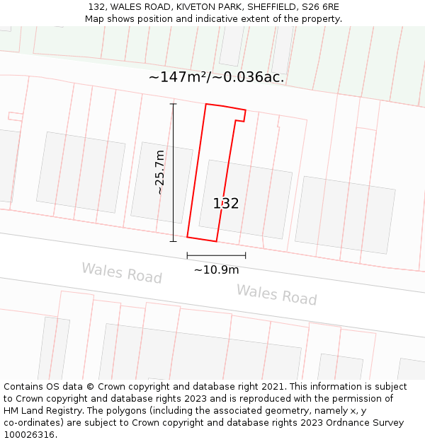 132, WALES ROAD, KIVETON PARK, SHEFFIELD, S26 6RE: Plot and title map