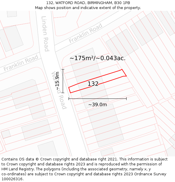132, WATFORD ROAD, BIRMINGHAM, B30 1PB: Plot and title map
