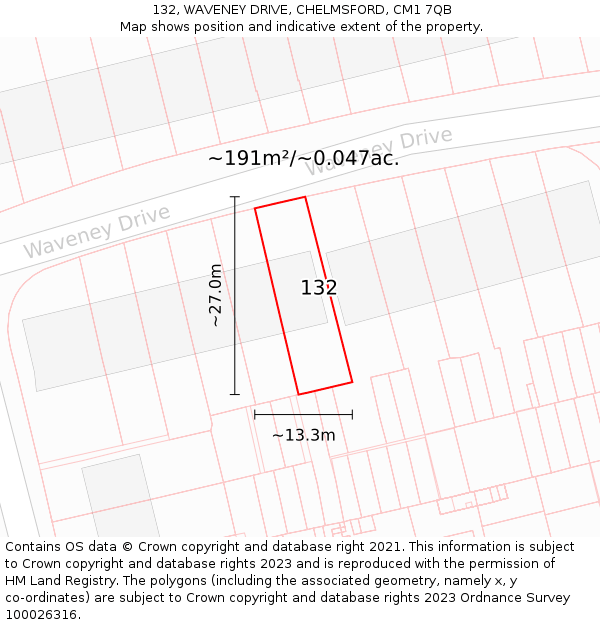 132, WAVENEY DRIVE, CHELMSFORD, CM1 7QB: Plot and title map