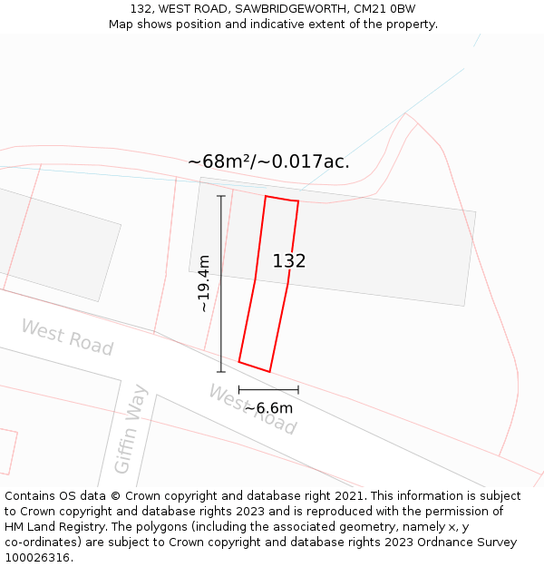 132, WEST ROAD, SAWBRIDGEWORTH, CM21 0BW: Plot and title map
