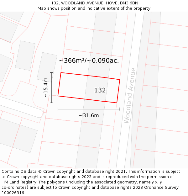 132, WOODLAND AVENUE, HOVE, BN3 6BN: Plot and title map