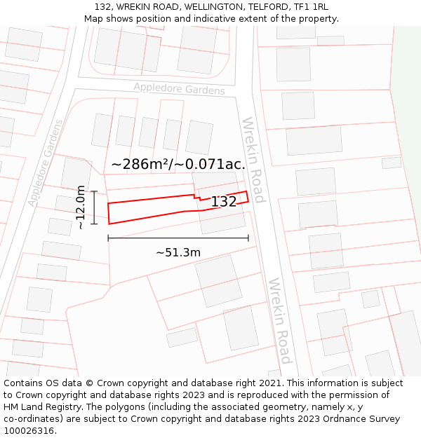 132, WREKIN ROAD, WELLINGTON, TELFORD, TF1 1RL: Plot and title map