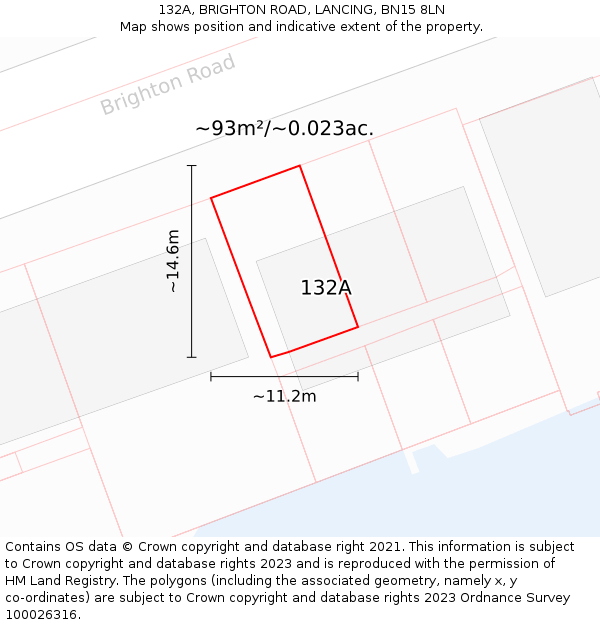 132A, BRIGHTON ROAD, LANCING, BN15 8LN: Plot and title map