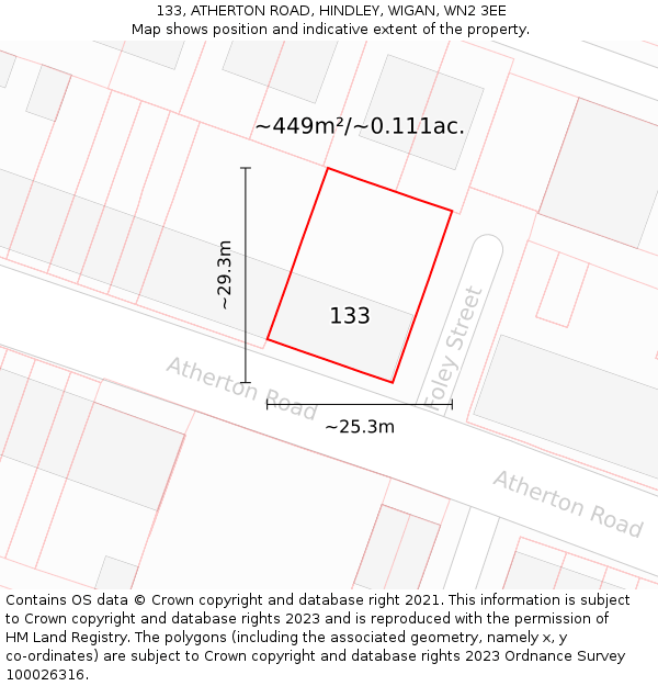 133, ATHERTON ROAD, HINDLEY, WIGAN, WN2 3EE: Plot and title map