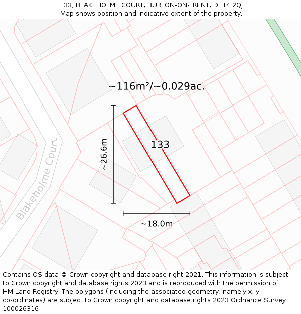 133, BLAKEHOLME COURT, BURTON-ON-TRENT, DE14 2QJ: Plot and title map