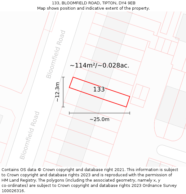 133, BLOOMFIELD ROAD, TIPTON, DY4 9EB: Plot and title map