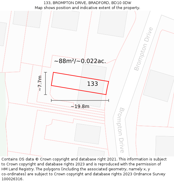 133, BROMPTON DRIVE, BRADFORD, BD10 0DW: Plot and title map