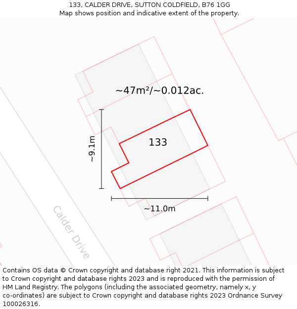 133, CALDER DRIVE, SUTTON COLDFIELD, B76 1GG: Plot and title map