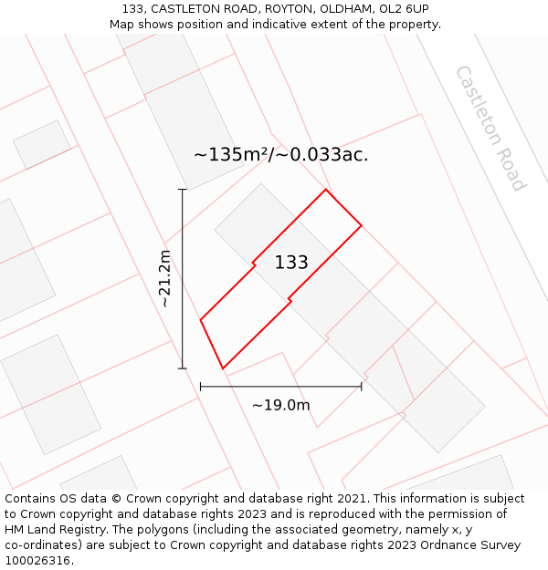 133, CASTLETON ROAD, ROYTON, OLDHAM, OL2 6UP: Plot and title map
