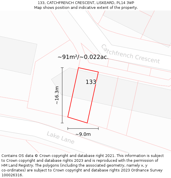 133, CATCHFRENCH CRESCENT, LISKEARD, PL14 3WP: Plot and title map