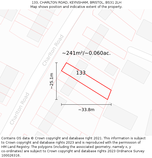 133, CHARLTON ROAD, KEYNSHAM, BRISTOL, BS31 2LH: Plot and title map