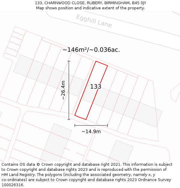 133, CHARNWOOD CLOSE, RUBERY, BIRMINGHAM, B45 0JY: Plot and title map