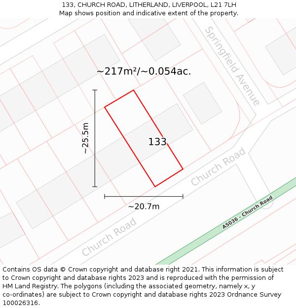 133, CHURCH ROAD, LITHERLAND, LIVERPOOL, L21 7LH: Plot and title map