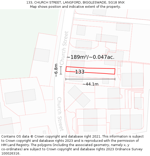 133, CHURCH STREET, LANGFORD, BIGGLESWADE, SG18 9NX: Plot and title map