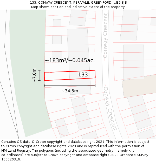 133, CONWAY CRESCENT, PERIVALE, GREENFORD, UB6 8JB: Plot and title map