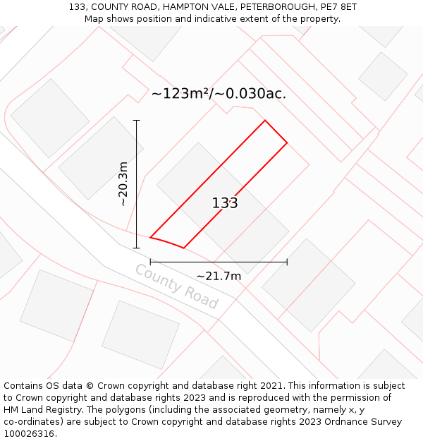 133, COUNTY ROAD, HAMPTON VALE, PETERBOROUGH, PE7 8ET: Plot and title map