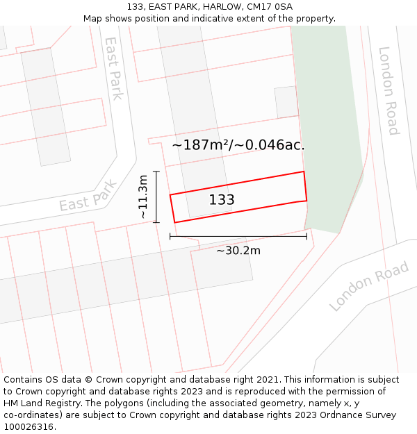 133, EAST PARK, HARLOW, CM17 0SA: Plot and title map