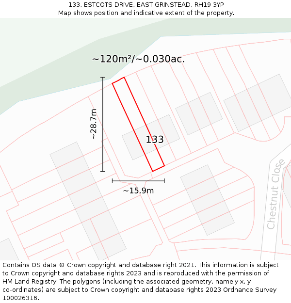 133, ESTCOTS DRIVE, EAST GRINSTEAD, RH19 3YP: Plot and title map