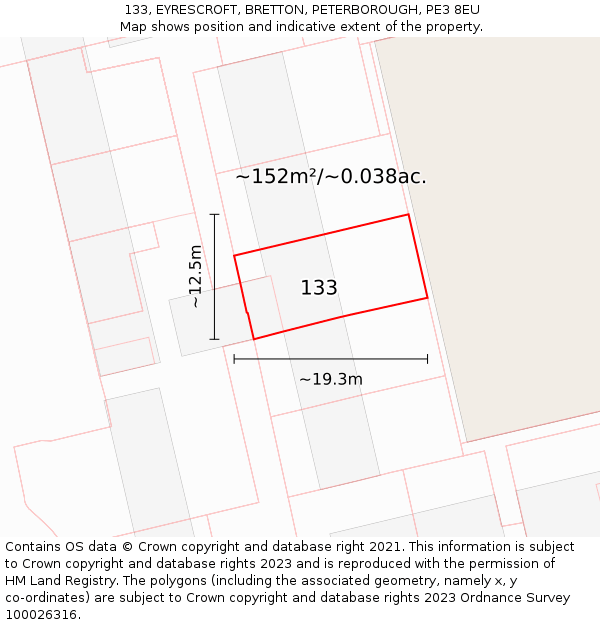133, EYRESCROFT, BRETTON, PETERBOROUGH, PE3 8EU: Plot and title map