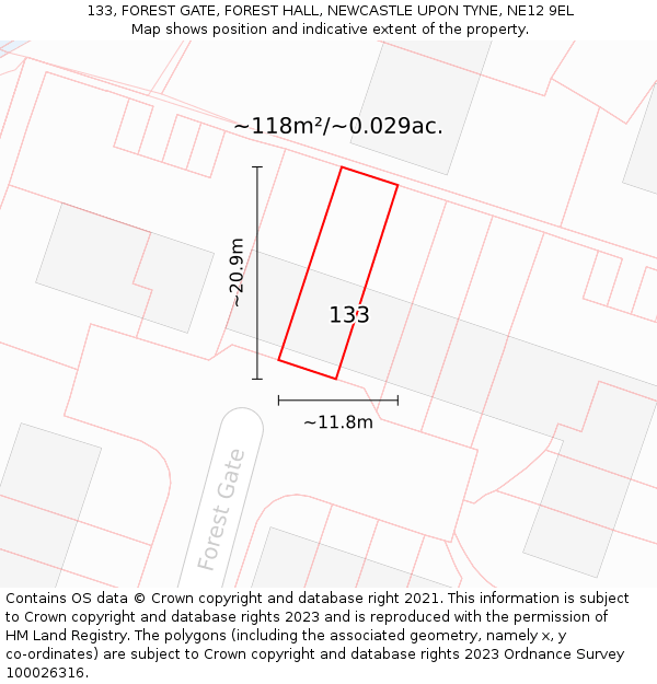 133, FOREST GATE, FOREST HALL, NEWCASTLE UPON TYNE, NE12 9EL: Plot and title map