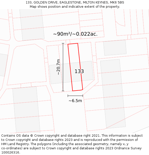 133, GOLDEN DRIVE, EAGLESTONE, MILTON KEYNES, MK6 5BS: Plot and title map