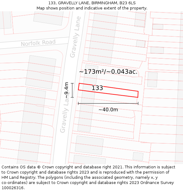 133, GRAVELLY LANE, BIRMINGHAM, B23 6LS: Plot and title map