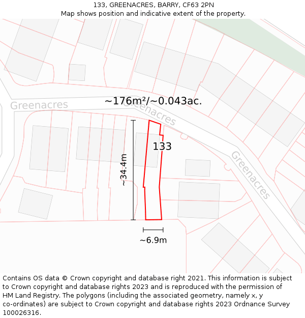 133, GREENACRES, BARRY, CF63 2PN: Plot and title map