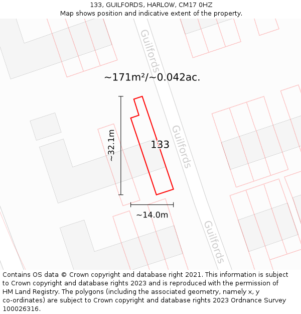 133, GUILFORDS, HARLOW, CM17 0HZ: Plot and title map