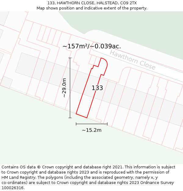 133, HAWTHORN CLOSE, HALSTEAD, CO9 2TX: Plot and title map