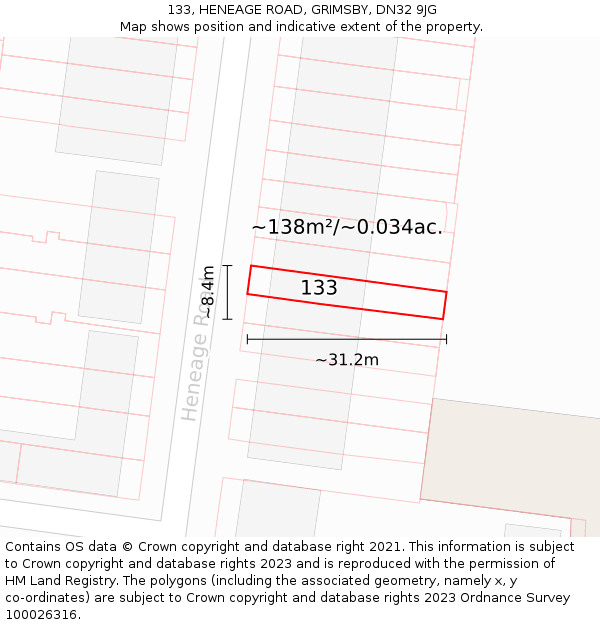 133, HENEAGE ROAD, GRIMSBY, DN32 9JG: Plot and title map