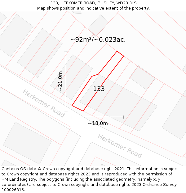 133, HERKOMER ROAD, BUSHEY, WD23 3LS: Plot and title map