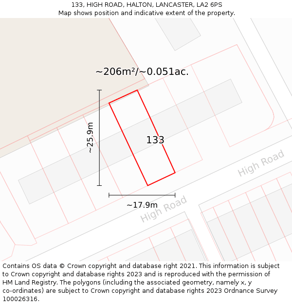 133, HIGH ROAD, HALTON, LANCASTER, LA2 6PS: Plot and title map